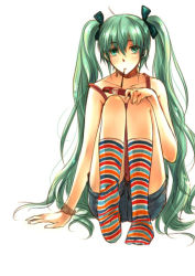 Rule 34 | 1girl, ahoge, arm support, bad id, bad pixiv id, bracelet, food, green eyes, green hair, hair ribbon, hatsune miku, jewelry, kneehighs, long hair, matching hair/eyes, mouth hold, multicolored clothes, multicolored legwear, patterned legwear, pocky, ribbon, shorts, simple background, sitting, sleepy69, socks, solo, striped clothes, striped socks, twintails, very long hair, vocaloid