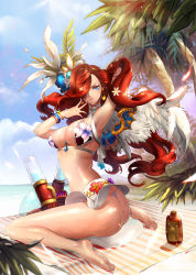 Rule 34 | 1girl, adjusting hair, armpits, ass, barefoot, beach, bikini, blue eyes, breasts, cleavage, day, earrings, hair ornament, hair over one eye, highres, jewelry, large breasts, league of legends, lotion bottle, midriff, nal (nal&#039;s pudding), navel, ocean, palm tree, red hair, miss fortune (league of legends), sitting, skirt, sky, swimsuit, towel, tree, wariza, water, wings