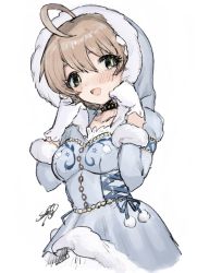 Rule 34 | 1girl, ahoge, bad id, bad twitter id, blue coat, blue ribbon, blush, buttons, choker, coat, eyelashes, floral print, flower, fur-trimmed coat, fur-trimmed jacket, fur trim, gloves, green eyes, hands up, highres, hood, hooded coat, idolmaster, idolmaster million live!, jacket, lily of the valley, looking at viewer, open mouth, pom pom (clothes), ribbon, sakuramori kaori, signature, simple background, solo, soreeyu (sore-yu), studded choker, upper body, white background, white gloves, winter clothes, winter coat