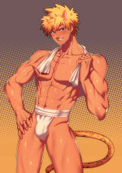 Rule 34 | 10s, 1boy, abs, animal ears, bara, blonde hair, blue eyes, blush, bulge, highres, looking at viewer, lvlv, male focus, muscular, naughty face, pectorals, piercing, rom (show by rock!!), topless male, show by rock!!, smirk, solo, sweat, tail, towel, underwear