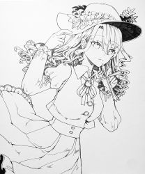 Rule 34 | 1girl, breasts, brooch, buttons, chaka3464, closed mouth, collared shirt, commentary request, cross, dutch angle, eyelashes, frilled hat, frilled skirt, frilled sleeves, frills, greyscale, hand on headwear, hat, hat feather, hat ribbon, holding, holding cross, jacket girl (dipp), jewelry, juliet sleeves, long hair, long sleeves, monochrome, puffy sleeves, ribbon, shirt, simple background, skirt, small breasts, touhou, traditional media, wavy hair, white background