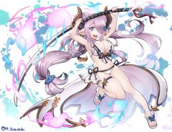 Rule 34 | 10s, 1girl, arms up, bikini, blue eyes, breasts, butterfly ornament, cleavage, commentary request, double bun, draph, earrings, fire, fish, fire, granblue fantasy, hair bun, hair over one eye, hair tie, horns, huge weapon, jewelry, large breasts, long hair, matsumoto tomoyohi, narmaya (granblue fantasy), narmaya (summer) (granblue fantasy), open mouth, oversized object, pink hair, pointy ears, sandals, sarong, seahorse, seashell, shell, side-tie bikini bottom, smile, solo, star (symbol), star earrings, swimsuit, thigh strap, twintails, weapon, white bikini