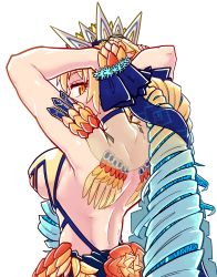 Rule 34 | 1girl, arms up, astraea (fate), back, back tattoo, blonde hair, blue eyes, blue hair, blue neckwear, bow, breasts, choker, fate/grand order, fate (series), gradient hair, hair bow, hair ornament, highres, long hair, looking at viewer, luviagelita edelfelt, medium breasts, multicolored hair, ringlets, simple background, solo, tattoo, tenk, transparent background, upper body, white background, yellow eyes