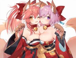 Rule 34 | 2girls, ;&lt;, ;d, animal ears, animal hands, bare shoulders, bell, blush, bow, breast press, breasts, cheek-to-cheek, cleavage, collar, commentary request, detached sleeves, face-to-face, fate/extra, fate/grand order, fate (series), floral print, fox ears, fox girl, fox tail, gloves, hair between eyes, hair bow, hair over one eye, hand up, heads together, japanese clothes, kimono, large breasts, long hair, long sleeves, looking at viewer, mash kyrielight, medium hair, multiple girls, muryotaro, neck bell, no bra, off shoulder, one eye closed, open mouth, orange eyes, paw gloves, paw pose, pink hair, ponytail, purple eyes, purple hair, red bow, red collar, red kimono, simple background, smile, symmetrical docking, tail, tamamo (fate), tamamo cat (fate), upper body, white background, wide sleeves