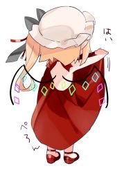 Rule 34 | 1girl, adapted costume, backless dress, backless outfit, bad id, bad twitter id, bare arms, blonde hair, chibi, clothes lift, commentary request, dress, dress lift, flandre scarlet, from behind, full body, gotou (nekocat), hat, hat ribbon, lifted by self, mob cap, red dress, red footwear, red ribbon, ribbon, shoes, short hair with long locks, side ponytail, simple background, solo, standing, touhou, white background, wings