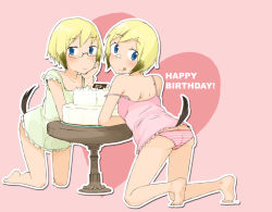 Rule 34 | 2girls, bad id, bad pixiv id, barefoot, blonde hair, blue eyes, cake, camisole, erica hartmann, food, glasses, happy birthday, kumichou (kumichoubox), multicolored hair, multiple girls, one eye closed, panties, pastry, short hair, siblings, sisters, smile, strike witches, strike witches: suomus misfits squadron, striped clothes, striped panties, tail, tongue, twins, underwear, ursula hartmann, wink, world witches series