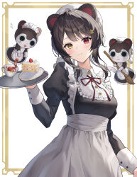 Rule 34 | 1girl, :3, absurdres, animal ears, apron, black hair, blush, bonnet, breasts, cake, coffee, coffee cup, commentary, cup, disposable cup, dog ears, food, frilled apron, frills, hair ornament, hairclip, heterochromia, highres, inui toko, inui toko (7th costume), long sleeves, looking at viewer, maid, maid apron, maid headdress, medium breasts, myske (myst34415756), nijisanji, official alternate costume, puffy long sleeves, puffy sleeves, red eyes, strawberry shortcake, tray, virtual youtuber, waist apron, wing collar, yellow eyes