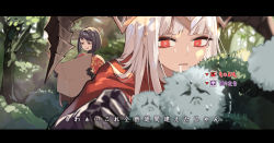 Rule 34 | 2girls, black gloves, black hair, black horns, blurry, blurry foreground, cape, day, earrings, forest, gloves, highres, horns, jewelry, jong tu, letterboxed, long hair, map, multiple girls, nature, outdoors, pixiv fantasia, pixiv fantasia last saga, red cape, red eyes, rudia of the moon smile, saliva, short hair, single earring, sunlight, sweatdrop, tina dhuramemole, translation request