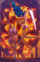 Rule 34 | 1980s (style), 2girls, ass, belt, blue eyes, blue hair, boots, breasts, dirty pair, energy sword, explosion, gloves, gun, headband, highres, kei (dirty pair), large breasts, legs, long hair, md5 mismatch, midriff, multiple girls, oldschool, pants, red hair, resized, resolution mismatch, retro artstyle, robaato, short hair, source smaller, sword, upscaled, weapon, yuri (dirty pair)