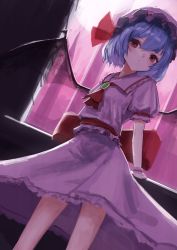 Rule 34 | 1girl, absurdres, arm support, ascot, backlighting, brooch, contrapposto, dutch angle, feet out of frame, flat chest, from below, hat, highres, jewelry, looking away, mob cap, nepperoni, red ascot, remilia scarlet, short sleeves, solo, standing, touhou, wings