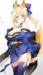 Rule 34 | 10s, 1girl, animal ears, arm behind back, blue thighhighs, blush, bow, breasts, cleavage, closed mouth, cosplay, detached collar, detached sleeves, fate/extra, fate (series), fox ears, fox tail, green eyes, hair between eyes, hair bow, hair intakes, hand on own chest, highres, japanese clothes, large breasts, long hair, looking at viewer, nero claudius (fate), nero claudius (fate) (all), nero claudius (fate/extra), purple bow, sidelocks, simple background, sino (sionori), solo, sweatdrop, tail, tamamo (fate), tamamo cat (fate), tamamo no mae (fate/extra), tamamo no mae (fate/extra) (cosplay), thighhighs, white background