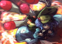 Rule 34 | 1girl, backpack, bag, berabou, blue eyes, blue hair, explosion, gradient background, hair bobbles, hair ornament, hat, kawashiro nitori, key, matching hair/eyes, missile, short hair, skirt, smile, solo, touhou, twintails, two side up
