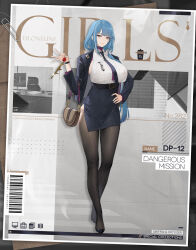 Rule 34 | 1girl, bag, barcode, belt, belt buckle, black footwear, black pantyhose, blue hair, blue jacket, blue necktie, blue skirt, breasts, brown bag, brown eyes, buckle, character name, closed mouth, commentary, copyright name, crossed ankles, dp-12 (dangerous mission) (girls&#039; frontline), dp-12 (girls&#039; frontline), english commentary, eyewear in pocket, full body, girls&#039; frontline, glasses, hair ribbon, hand on own hip, handbag, high-waist skirt, high heels, highres, holding, huge breasts, jacket, charm (object), long hair, long sleeves, looking at viewer, necktie, office lady, official alternate costume, official art, open clothes, open jacket, pandea work, pantyhose, paperclip, pencil skirt, promotional art, rectangular eyewear, ribbon, second-party source, semi-rimless eyewear, shirt, shrug (clothing), skirt, sleeveless, sleeveless shirt, smile, solo, standard manufacturing dp-12, standing, toe cleavage, under-rim eyewear, very long hair, watch, white ribbon, white shirt, wristwatch