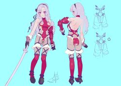 Rule 34 | 1girl, ass, ass cutout, back, bare shoulders, blue background, bodystocking, breasts, butt crack, character sheet, clothing cutout, drill hair, gauntlets, gluteal fold, hairband, high heels, holding, holding sword, holding weapon, hyakumantenbara salome, katana, leotard, long hair, looking at viewer, medium breasts, muramura hito, nijisanji, nipple cutout, nipples, purple eyes, purple hair, purple thighhighs, pussy, simple background, smile, sword, taimanin (series), taimanin suit, thighhighs, virtual youtuber, weapon