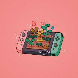 Rule 34 | artist name, bad id, bad instagram id, controller, dirt, game controller, handheld game console, joy-con, meyoco, nintendo switch, no humans, pink background, plant, simple background, sparkle, stardew valley