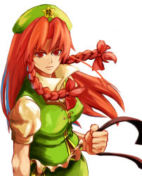 Rule 34 | 1girl, china dress, chinese clothes, dress, female focus, hat, hong meiling, immaterial and missing power, long hair, red hair, ribbon, shibasaki shouji, simple background, solo, touhou