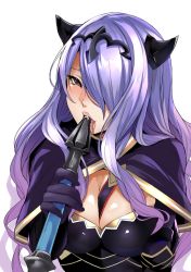 Rule 34 | 1girl, armor, black armor, blush, breasts, camilla (fire emblem), cleavage, fire emblem, fire emblem fates, gloves, hair over one eye, large breasts, licking, licking weapon, long hair, looking at viewer, nintendo, purple eyes, purple hair, sexually suggestive, solo, tiara, tongue, tongue out, upper body, wavy hair, weapon, white background, yuuki shin