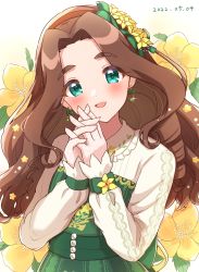 Rule 34 | 1girl, blue eyes, breasts, brown hair, brown hairband, dated, dress, earrings, flower, gloves, green dress, hair flower, hair ornament, hairband, highres, idolmaster, idolmaster cinderella girls, jewelry, kahiika, kusakabe wakaba, lace, lace gloves, long hair, long sleeves, own hands together, small breasts, solo, upper body, yellow flower