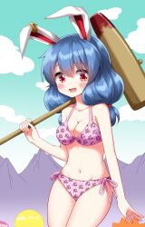 Rule 34 | 1girl, alternate costume, ambiguous red liquid, animal ears, bikini, blue hair, blush, breasts, cleavage, clothes writing, cloud, commentary request, earclip, highres, holding, holding mallet, kine, long hair, looking at viewer, mallet, medium breasts, midriff, mountain, mountainous horizon, open mouth, pink bikini, rabbit ears, red eyes, ruu (tksymkw), seiran (touhou), sky, smile, solo, sweat, swimsuit, touhou