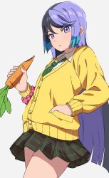 Rule 34 | 1girl, black hair, blue hair, blunt ends, brown skirt, cardigan, carron (pretty series), carrot, collared shirt, cowboy shot, dolldolldd, food, green necktie, grey background, hand in pocket, highres, holding, holding food, holding vegetable, long hair, long sleeves, looking at viewer, multicolored hair, necktie, open mouth, plaid, plaid skirt, pleated skirt, pretty series, purple eyes, purple hair, school uniform, scrunchie, shirt, simple background, skirt, solo, standing, vegetable, very long hair, waccha primagi!, white shirt, wrist scrunchie, yellow cardigan