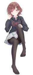 Rule 34 | 1girl, absurdres, black hoodie, blush, brown hair, clothes writing, commentary, disgust, eyelashes, eyes visible through hair, feet, full body, grey skirt, hair ornament, hairclip, highres, higuchi madoka, hood, hood down, hoodie, idolmaster, idolmaster shiny colors, knee up, legs, long sleeves, looking at viewer, lunana, medium hair, miniskirt, mole, mole under eye, nail polish, no shoes, pantyhose, parted bangs, parted lips, pink eyes, pink nails, plaid, plaid skirt, playing with own hair, pleated skirt, simple background, sitting, skirt, solo, thighband pantyhose, thighs, white background