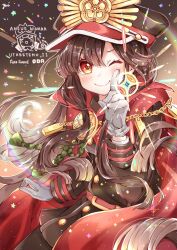Rule 34 | 1girl, belt, blush, cape, closed mouth, crest, family crest, fate/grand order, fate (series), hair between eyes, hat, highres, long hair, long sleeves, medallion, military hat, oda nobunaga (fate), oda uri, one eye closed, peaked cap, pointing, pointing up, red cape, red eyes, smile, solo, sparkle, tassel, very long hair, yui (tamagohan)