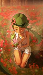 Rule 34 | 1girl, apopo, closed eyes, commentary request, creatures (company), crying, dark-skinned female, dark skin, day, field, flower, flower field, game freak, gen 4 pokemon, green hair, green headband, grey overalls, hair flower, hair ornament, headband, highres, holding, holding pokemon, kneeling, legendary pokemon, licking, licking another&#039;s face, long hair, mallow (pokemon), mythical pokemon, nintendo, outdoors, overall shorts, overalls, pink flower, pokemon, pokemon (anime), pokemon (creature), pokemon sm (anime), red flower, shaymin, shaymin (land), swept bangs, tears