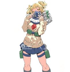 Rule 34 | 1girl, blonde hair, blue shirt, boku no hero academia, buttons, calf socks, cardigan, double bun, hair bun, hand to own mouth, jet kimchrea, long sleeves, looking back, mask, messy hair, mouth mask, neckerchief, red neckerchief, school uniform, shirt, simple background, solo, teeth, thigh strap, toga himiko, tube, upper body, white background, yellow eyes