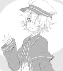 Rule 34 | 1boy, bandage over one eye, capelet, commentary, greyscale, hand up, hat, jacket, looking at viewer, male focus, monochrome, oliver (vocaloid), open mouth, peaked cap, sailor hat, sleeves past wrists, smile, solo, sudachi (calendar), upper body, vocaloid, waving