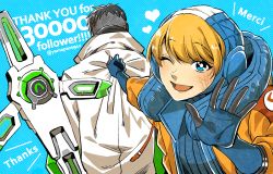 Rule 34 | 1boy, 1girl, animification, apex legends, black hair, blonde hair, blue background, blue gloves, blue headwear, blush, bright pupils, clothes pull, crypto (apex legends), drone, facial scar, french text, gloves, green sleeves, hack (apex legends), heart, highres, hood, jacket, jacket pull, lichtenberg figure, milestone celebration, mozuwaka, one eye closed, scar, scar on cheek, scar on face, science fiction, smile, wattson (apex legends), waving, white jacket, white pupils