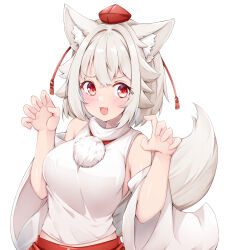 Rule 34 | 1girl, animal ears, black skirt, blush, claw pose, detached sleeves, flipped hair, grey hair, hat, inubashiri momiji, looking at viewer, pom pom (clothes), red eyes, red hat, red skirt, rururiaru, shirt, short hair, simple background, skirt, sleeveless, sleeveless shirt, solo, tail, tokin hat, touhou, turtleneck, upper body, white background, white shirt, white sleeves, wide sleeves, wolf ears, wolf girl, wolf tail