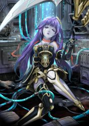 Rule 34 | 1girl, android, chinchira, closed eyes, duel monster, galatea the orcust automaton, gloves, hair ornament, holding, holding scythe, holding weapon, humanoid robot, ib (yu-gi-oh!), joints, long hair, machine, on floor, purple hair, robot, robot joints, scythe, single thighhigh, sitting, skirt, solo, thighhighs, tube, weapon, yu-gi-oh!