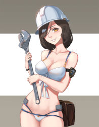 Rule 34 | 1girl, bikini, black hair, breasts, brown eyes, collarbone, commentary request, fish hair ornament, grin, hair ornament, hair over one eye, hard hat, hat, helmet, highres, holding, kantai collection, large breasts, long hair, looking at viewer, mecha musume, navel, original, pacific (kancolle), personification, sima naoteng, simple background, skindentation, smile, solo, stomach, swimsuit, teeth, white bikini, white hat, wrench, wrist cuffs