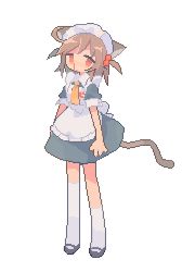 Rule 34 | 1girl, ahoge, animal ears, apron, arms at sides, asymmetrical legwear, bad id, bad pixiv id, black footwear, blood, bow, cat ears, cat girl, cat tail, daizu (melon-lemon), dress, expressionless, frilled apron, frilled hairband, frills, from side, full body, gradient eyes, grey dress, hair bobbles, hair ornament, hairband, kneehighs, light brown hair, looking at viewer, maid, maid apron, maid headdress, mary janes, multicolored eyes, muted color, name tag, necktie, no nose, nosebleed, original, parted lips, pixel art, puffy short sleeves, puffy sleeves, red eyes, shoes, short hair, short necktie, short sleeves, simple background, sleeve cuffs, socks, solo, standing, tail, tareme, thighhighs, two side up, uneven legwear, white apron, white background, white hairband, white socks, wing collar, yellow necktie