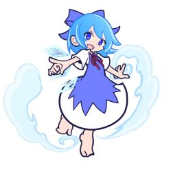 Rule 34 | 1girl, :d, barefoot, blue bow, blue dress, blue eyes, blue hair, bow, cirno, dress, full body, hair bow, looking at viewer, open mouth, puyopuyo, shinmon akika, short hair, short sleeves, smile, solo, touhou, white background