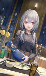 Rule 34 | 1girl, breasts, brown skirt, copyright notice, cup, dress, drink, drinking glass, flower, food, fork, frilled dress, frills, grey dress, hair between eyes, hair ornament, hair over shoulder, hakase fuyuki, high-waist skirt, highres, holding, ice, ice cube, indoors, knife, kobuta, long hair, low twintails, night, nijisanji, plate, red eyes, rose, skirt, small breasts, solo, twintails, virtual youtuber, watch, watermark, window, wristwatch, yellow flower, yellow rose