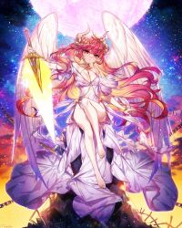 Rule 34 | 1girl, aufheben, bare legs, bare shoulders, barefoot, blonde hair, breasts, chain, closed mouth, commission, dress, feathered wings, full moon, glowing, glowing sword, glowing weapon, gradient hair, highres, holding, holding sword, holding weapon, horns, long hair, looking at viewer, maplestory, moon, multicolored hair, munlu (wolupus), night, night sky, outdoors, red eyes, red hair, sitting, skeb commission, sky, small breasts, solo, star (sky), sword, weapon, white dress, white wings, wings