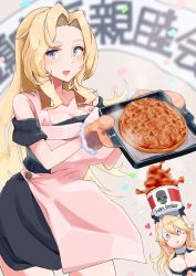 Rule 34 | 2girls, alternate costume, apple pie, apron, black skirt, black sweater, blurry, breasts, bucket, chicken (food), cleavage, collarbone, commentary request, cowboy shot, depth of field, food, fried chicken, hair between eyes, hair intakes, highres, hornet (kancolle), iowa (kancolle), kantai collection, komb, large breasts, multiple girls, object on head, off-shoulder sweater, off shoulder, oven mitts, pie, pink apron, ribbed sweater, skirt, solo focus, star-shaped pupils, star (symbol), sweater, symbol-shaped pupils, translation request