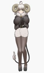 Rule 34 | 1girl, ahoge, animal feet, bell, belt, black gloves, black pantyhose, black shirt, breasts, curled horns, full body, fur collar, fur skirt, gloves, highres, hooves, horizontal pupils, horns, huge breasts, impossible clothes, impossible shirt, long sleeves, looking at viewer, medium hair, neck bell, original, pantyhose, ribbed shirt, sheep girl, sheep horns, shirt, simple background, solo, tail, white background, white hair, yellow eyes, yutorin kakka
