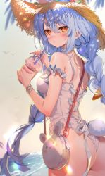 Rule 34 | 1girl, animal ears, ass, bag, bird, blue hair, blush, bracelet, braid, breasts, cross-laced clothes, drink, drinking straw, hat, highres, hololive, jewelry, leotard, long hair, looking at viewer, multicolored hair, nail polish, orange eyes, rabbit ears, rabbit girl, rabbit tail, short eyebrows, shoulder bag, shuri (84k), small breasts, solo, straw hat, swept bangs, tail, thick eyebrows, twin braids, twintails, two-tone hair, usada pekora, virtual youtuber, water, white hair, white leotard