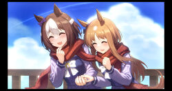 Rule 34 | 2girls, absurdres, animal ears, black border, blue sky, bob cut, border, bow, bowtie, braid, brown hair, closed eyes, cloud, cloudy sky, commentary, crown braid, day, ear ribbon, fringe trim, grass wonder (umamusume), highres, holding hands, horse ears, horse girl, horse tail, horseshoe ornament, leaning forward, long hair, long sleeves, multicolored hair, multiple girls, open mouth, outdoors, pleated skirt, purple shirt, purple skirt, scarf, shared clothes, shared scarf, shirt, short hair, sitting, skirt, sky, smile, special week (umamusume), tail, two-tone hair, umamusume, white bow, white bowtie, white hair, yuri