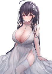 Rule 34 | 1girl, absurdres, arm up, armpits, azur lane, bad id, bad twitter id, black hair, blush, breasts, bridal gauntlets, cleavage, dress, flower, hair flower, hair ornament, highres, large breasts, long hair, looking at viewer, official alternate costume, pantyhose, red eyes, seductive smile, smile, solo, taihou (azur lane), taihou (temptation on the sea breeze) (azur lane), wedding dress, white dress, white pantyhose, yuuki shuri