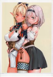 Rule 34 | 2girls, absurdres, akasaai, bare shoulders, blonde hair, bow, bowtie, breasts, checkered clothes, cleavage, cleavage cutout, closed mouth, clothing cutout, elf, gloves, green eyes, hair bow, hairband, highres, hololive, hug, hug from behind, long hair, long sleeves, looking at viewer, medium breasts, multiple girls, orange eyes, pelvic curtain, pointy ears, puffy short sleeves, puffy sleeves, scan, shiny skin, shiranui flare, shiranui flare (old design), shirogane noel, shirogane noel (dirndl), short hair, short sleeves, simple background, single thighhigh, skirt, smile, thighhighs, thighs, virtual youtuber, white hair, wide sleeves, yuri