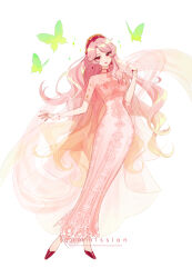 1girl breasts bug butterfly collar commission dress green_butterfly headdress highres insect looking_at_viewer original pink_dress pink_hair red_collar red_eyes red_footwear simple_background small_breasts smile solo sumustard twitter_username white_background