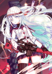 Rule 34 | 10s, 1girl, absurdres, adapted costume, blue eyes, bullpup, dragunov svd, gloves, gun, hammer and sickle, hat, hibiki (kancolle), highres, kantai collection, leung ka che, long hair, rifle, silver hair, skirt, sniper rifle, solo, suppressor, thighhighs, verniy (kancolle), weapon