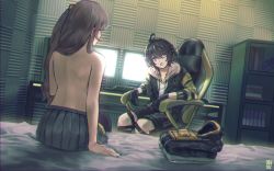 Rule 34 | 1boy, 1girl, :o, ahoge, arm support, armband, armchair, artist logo, back, bed, black hair, blue eyes, book, bookshelf, brown hair, chair, unworn clothes, commentary request, commission, computer, desk, dier (girls&#039; frontline), dual monitor, eyebrows hidden by hair, from behind, girls&#039; frontline, gloves, headphones, highres, hood, hooded jacket, jacket, keyboard (computer), looking at another, monitor, mouse (computer), on bed, ootato, pantyhose, pleated skirt, shirt, shorts, side ponytail, sitting, skirt, tile wall, tiles, topless, ump45 (girls&#039; frontline), wall, white shirt