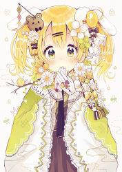 Rule 34 | 1girl, ?, animal ears, animal hair ornament, bell, bird, black neckwear, blonde hair, blush, bow, branch, chick, clover hair ornament, commentary request, covering own mouth, flower, four-leaf clover hair ornament, frilled gloves, frilled skirt, frills, glove bow, gloves, green eyes, hair bell, hair bow, hair flower, hair ornament, hairpin, hand to own mouth, highres, lolita fashion, long sleeves, looking at viewer, orange bow, orange flower, original, rabbit, rabbit ears, sakura oriko, skirt, solo, twintails, upper body, wa lolita, white bow, white flower, white gloves, wide sleeves, yellow bow