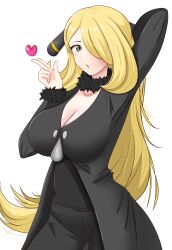 Rule 34 | 1girl, :o, absurdres, arm up, black coat, black pants, black shirt, blowing kiss, breasts, cleavage, coat, cowboy shot, creatures (company), cynthia (pokemon), fur-trimmed sleeves, fur collar, fur trim, game freak, hair ornament, hair over one eye, heart, highres, large breasts, long hair, long sleeves, looking at viewer, maho (corotonton5150), nintendo, open mouth, pants, pokemon, pokemon dppt, shirt, simple background, solo, very long hair, white background