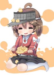 Rule 34 | 10s, 1girl, = =, ahoge, animal, animal on head, bad id, bad pixiv id, bird, brown hair, chick, commentary request, highres, kantai collection, long sleeves, magatama, mugichoko (mugi no choko), on head, open mouth, ryuujou (kancolle), seiza, short hair, simple background, sitting, solo, twintails, visor cap, white legwear
