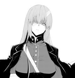 Rule 34 | 1girl, absurdres, bandage over one eye, bandages, breasts, fate/grand order, fate (series), florence nightingale (fate), florence nightingale (third ascension) (fate), greyscale, highres, jacket, jacket on shoulders, large breasts, long hair, monochrome, shaded face, solo, tsukamoto minori